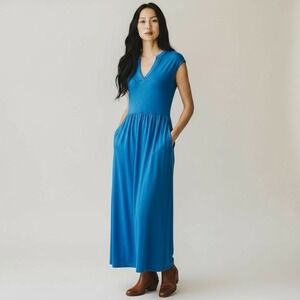 Boden Chloe Notch Jersey Midi Dress Bright Blue Size 14R‎ Split Neck Pockets